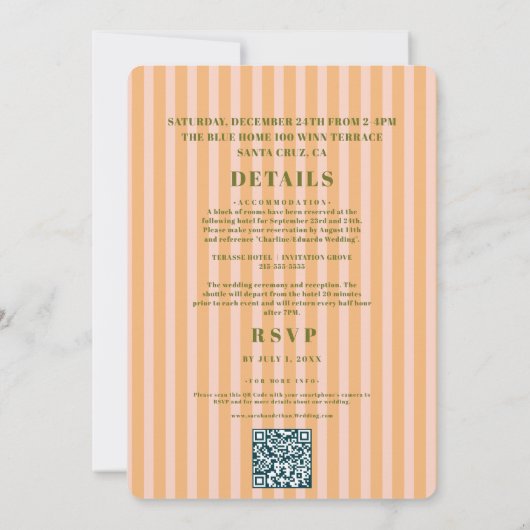 Retro Funky Gestreepte Roze Sinaasappel Bruiloft Kaart (Achterkant)