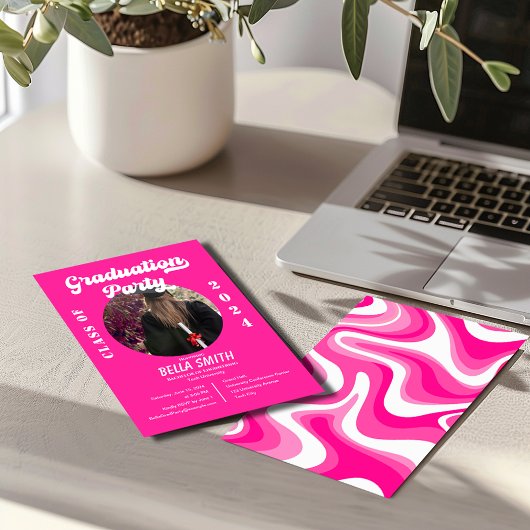 Retro Funky Hot Pink Afstuderen Invitation Kaart