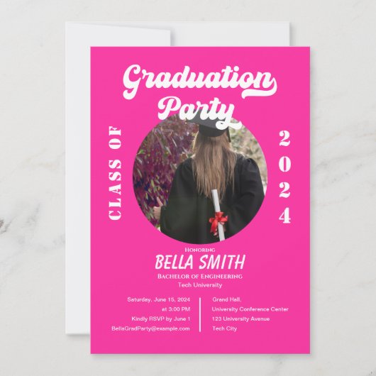 Retro Funky Hot Pink Afstuderen Invitation Kaart (Voorkant)