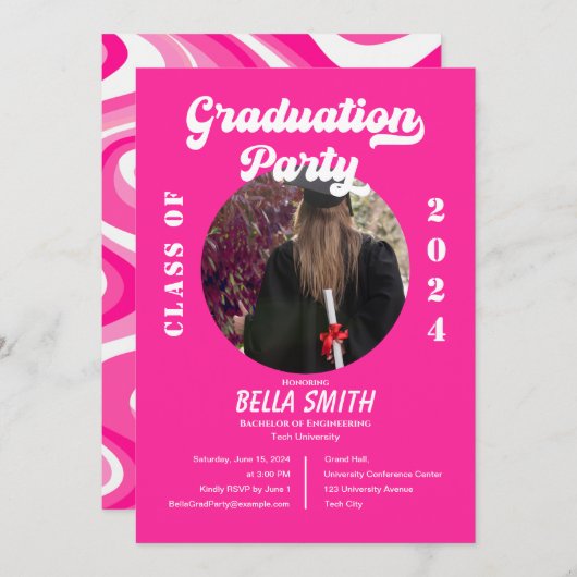 Retro Funky Hot Pink Afstuderen Invitation Kaart (Voorkant / Achterkant)