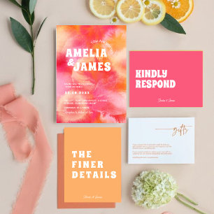 Retro Funky Modern roze sinaasappel bruiloft Kaart