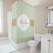 Retro Funky Moroccan Pattern Mint Green Monogram Douchegordijn (In situ)