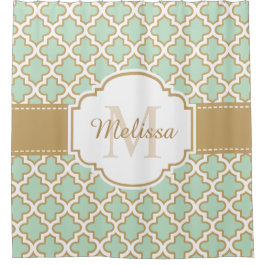 Retro Funky Moroccan Pattern Mint Green Monogram Douchegordijn