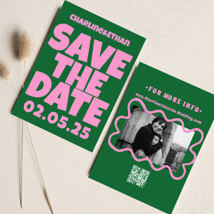 Retro Funky Pink Green Bewaar de datum QR-code Save The Date