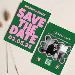 Retro Funky Pink Green Bewaar de datum QR-code Save The Date