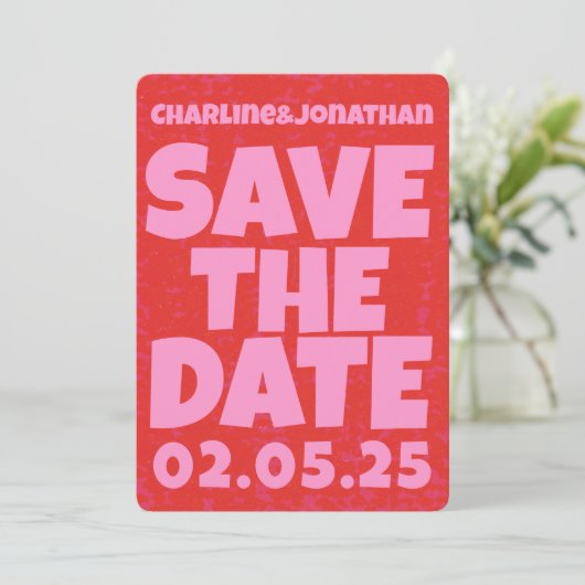 Retro Funky Pink Red Bewaar de datum Qr-code Save The Date (Staand voorkant)