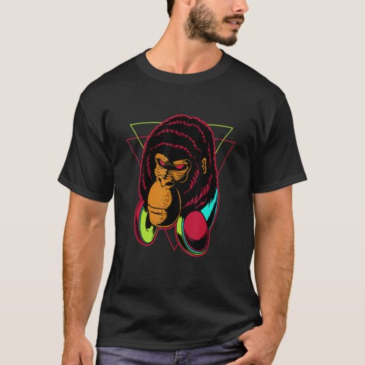 Retro Funky Rave DJ Gorilla Ape Head T-shirt (Voorkant)
