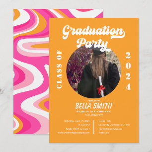 Retro Funky Roze en Oranje Afstuderen Invitation Kaart