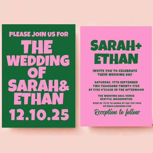 Retro Funky Roze Groene Bruiloft Kaart