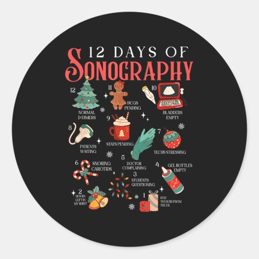 Retro Funny 12 Days Of Sonography Ultrasound Tech Ronde Sticker (Voorkant)
