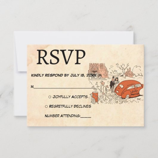  Retro Funny Bride Groom 50s Rustic Wedding RSVP Kaartje (Voorkant)