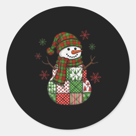Retro Funny Christmas Patchwork Snowman Xmas Holid Ronde Sticker (Voorkant)