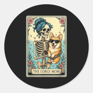 Retro Funny De Corgi Mom Tarot Kaart Skeleton Hall Ronde Sticker
