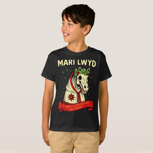 Retro Funny Folklore Skeleton Horse Mari Lwyd Yule T-shirt (Voorkant volledig)