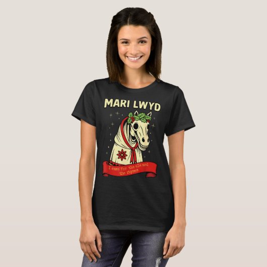 Retro Funny Folklore Skeleton Horse Mari Lwyd Yule T-shirt (Voorkant volledig)