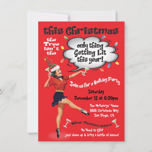 Retro Funny Getting Lit Christmas Cocktail Party Kaart (Voorkant)
