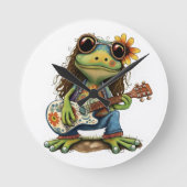 Retro Funny Hippie Frog Draag Glass Play Piano aan Ronde Klok (Voorkant)