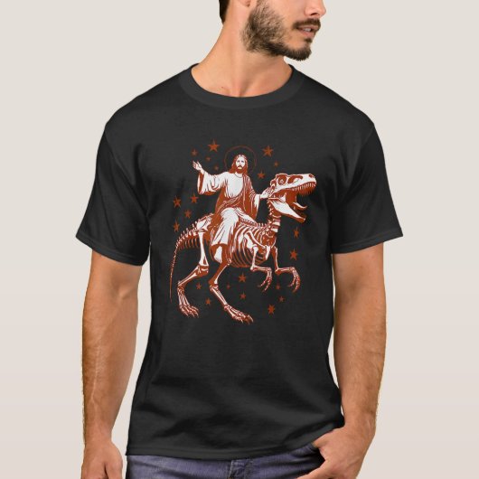Retro Funny Jesus Riding Skeleton Dinosaur Christi T-shirt (Voorkant)