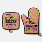 Retro Funny Keuken Gezegde Roze Groen Ovenwant & Pannenlap Set (Voorkant)