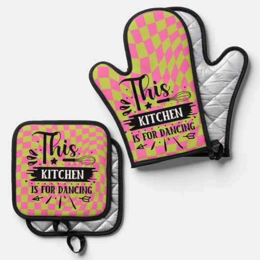 Retro Funny Keuken Gezegde Roze Groen Ovenwant & Pannenlap Set (Voorkant / Achterkant)