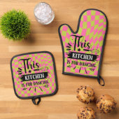 Retro Funny Keuken Gezegde Roze Groen Ovenwant & Pannenlap Set (Top down)