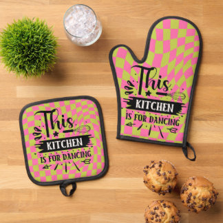 Retro Funny Keuken Gezegde Roze Groen Ovenwant & Pannenlap Set