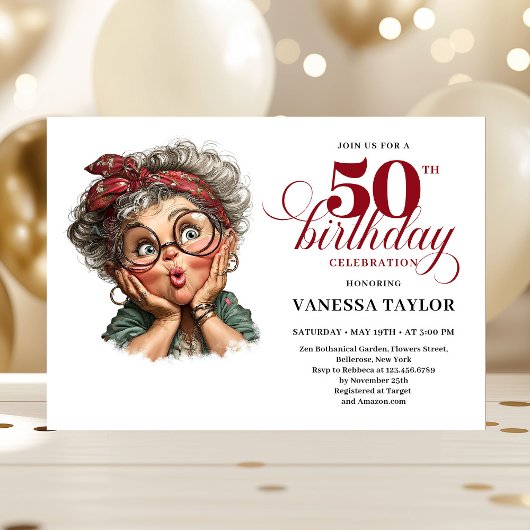 Retro funny lady turning 50 birthday invitation kaart