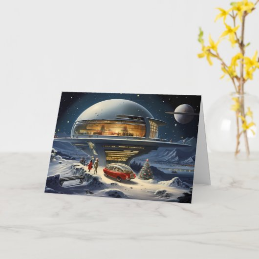 Retro Futurisme Feesten: Een Kosmische Kerstavond Kaart (Gele Bloem)