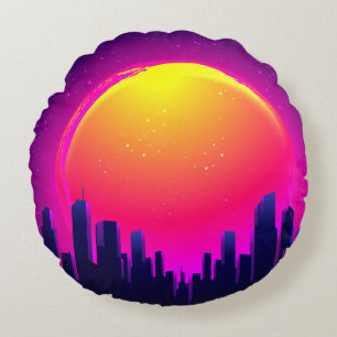 Retro Futurisme. futuristische synthegolflatie ill Rond Kussen