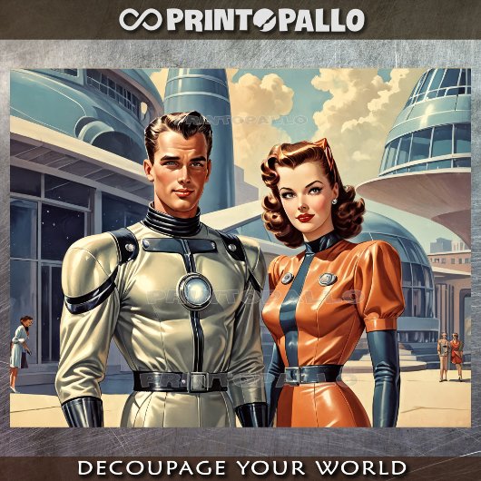 Retro-futurisme superhelden koppel uit de jaren 50 tissuepapier