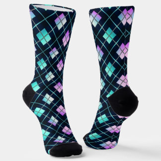 Retro Futuristic Black, Blue & Pink Argyle Pattern Sokken