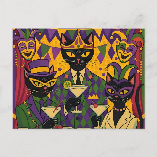 Retro Futuristic Mardi Gras Black Cat Martini Club Briefkaart (Voorkant)