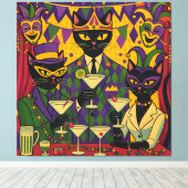 Retro Futuristic Mardi Gras Black Cat Martini Club Canvas Afdruk (Insitu (Houten vloer))
