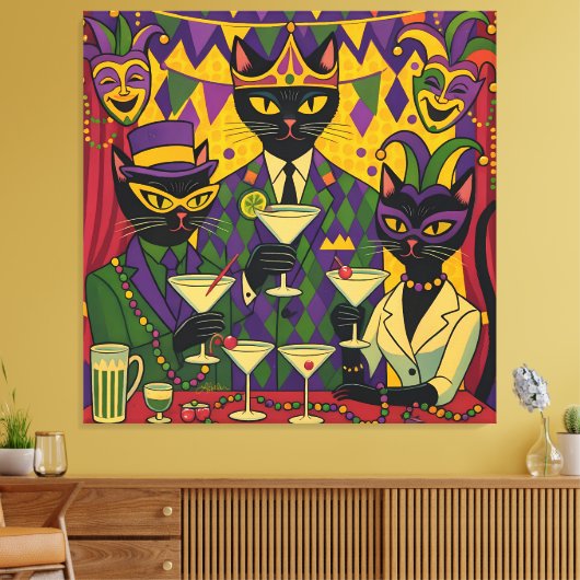 Retro Futuristic Mardi Gras Black Cat Martini Club Canvas Afdruk (Insitu (Woonkamer))