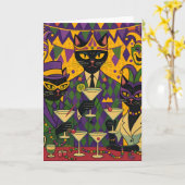 Retro Futuristic Mardi Gras Black Cat Martini Club Kaart (Gele Bloem)