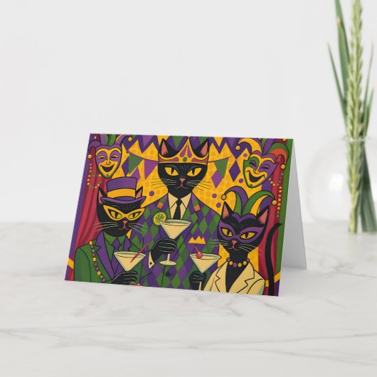 Retro Futuristic Mardi Gras Black Cat Martini Club Kaart (Voorkant)