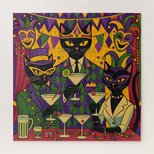 Retro Futuristic Mardi Gras Black Cat Martini Club Legpuzzel (Verticaal)