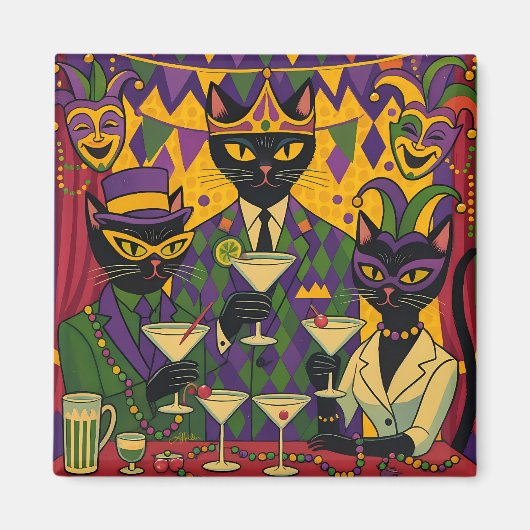 Retro Futuristic Mardi Gras Black Cat Martini Club Magneet (Voorkant)