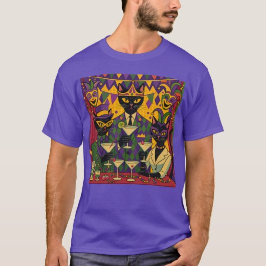 Retro Futuristic Mardi Gras Black Cat Martini Club T-shirt (Voorkant)