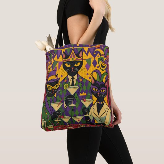 Retro Futuristic Mardi Gras Black Cat Martini Club Tote Bag (Dichtbij)