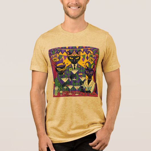 Retro Futuristic Mardi Gras Black Cat Martini Club Tri-Blend Shirt (Voorkant)