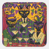 Retro Futuristic Mardi Gras Black Cat Martini Club Vierkante Sticker (Voorkant)