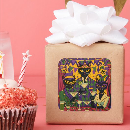 Retro Futuristic Mardi Gras Black Cat Martini Club Vierkante Sticker (Feest)