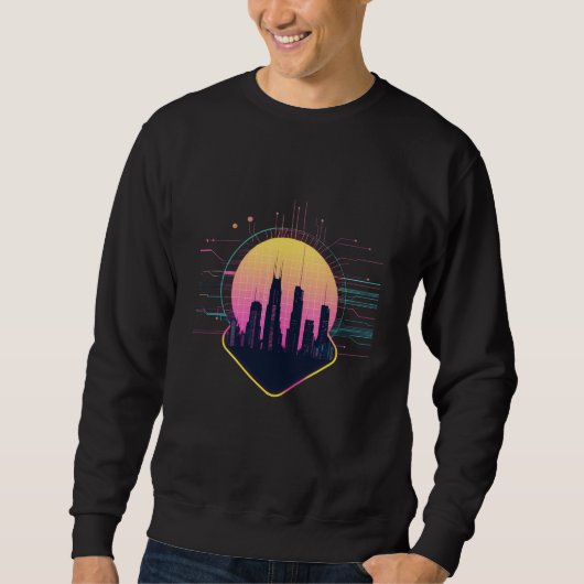 Retro Futuristic Neon Cityscape Tech Trui (Voorkant)