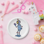 Retro Futuristic Robot Character Waving Papieren Bordje (Feest)