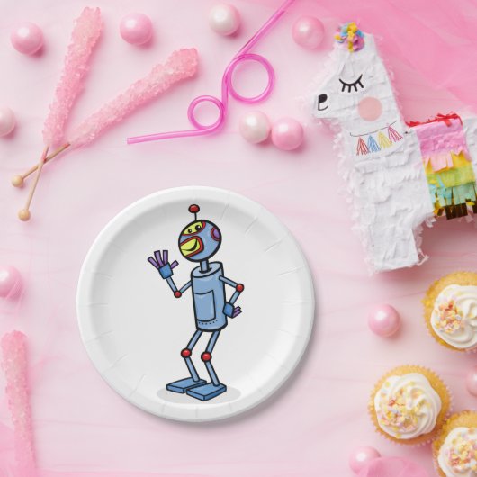 Retro Futuristic Robot Character Waving Papieren Bordje (Feest)