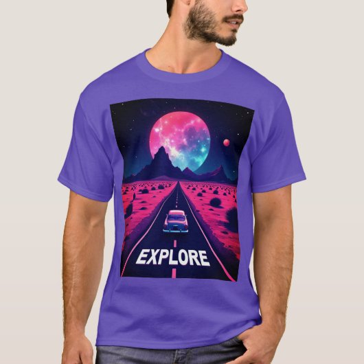 Retro-Futuristic Synthwave "EXPLORE" Desert Night T-shirt (Voorkant)
