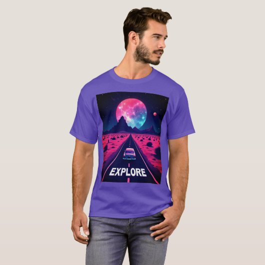 Retro-Futuristic Synthwave "EXPLORE" Desert Night T-shirt (Voorkant volledig)