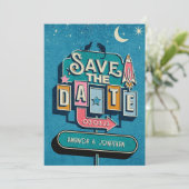 Retro Futuristisch Huwelijksbord Save The Date (Staand voorkant)