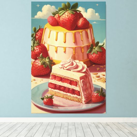 Retro futuristische aardbeientaart Canvas Print (Insitu (Houten vloer))